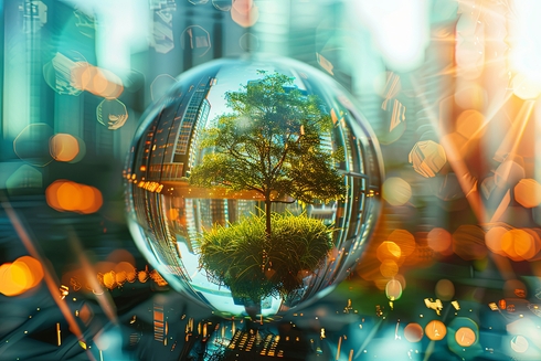 Tree inside sphere and buildings - Inter American Development Bank - IDB Invest